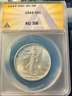 1944  50C Silver Walker Half Dollar Anacs  AU 58