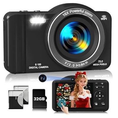 Digital Camera, 4K WiFi 75MP Compact Camera with Touchscreen 16X Zoom, Black