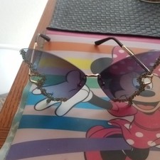 Oversized Rimless Butterfly Sunglasses Gold Metal Frame Purple Tinted Lenses