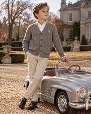 NWT 79.50 Polo Ralph Lauren Preppy Cable Knit Cardigan Sweater Gray Boys M 10-12