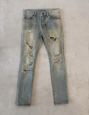 Men's Skinny Slim Fit Light Wash Blue Distressed Denim Jeans Mid Rise 5-Pkt