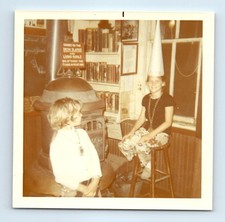 Old Vintage Square Color Photo BOY GIRL DUNCE CAP CAST IRON STOVE SNAPSHOT PIC