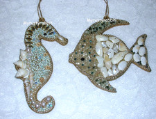 Tommy Bahama Coastal Beaded Ornaments - Set of 2 - Seahorse  Flat Fish 12