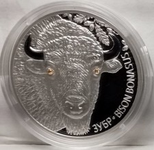 2012 Belarus 20 Rubles 1 ozt Silver European Bison w/cubic Zirconia eyes