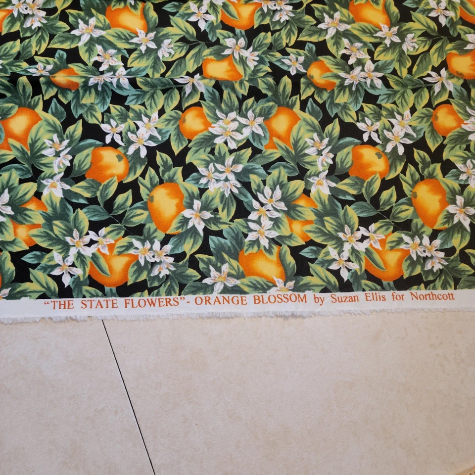 Cotton Fabric Orange Blossom 1 Yard x 44 Northcott Citrus Floral Black - Image 2 of 4