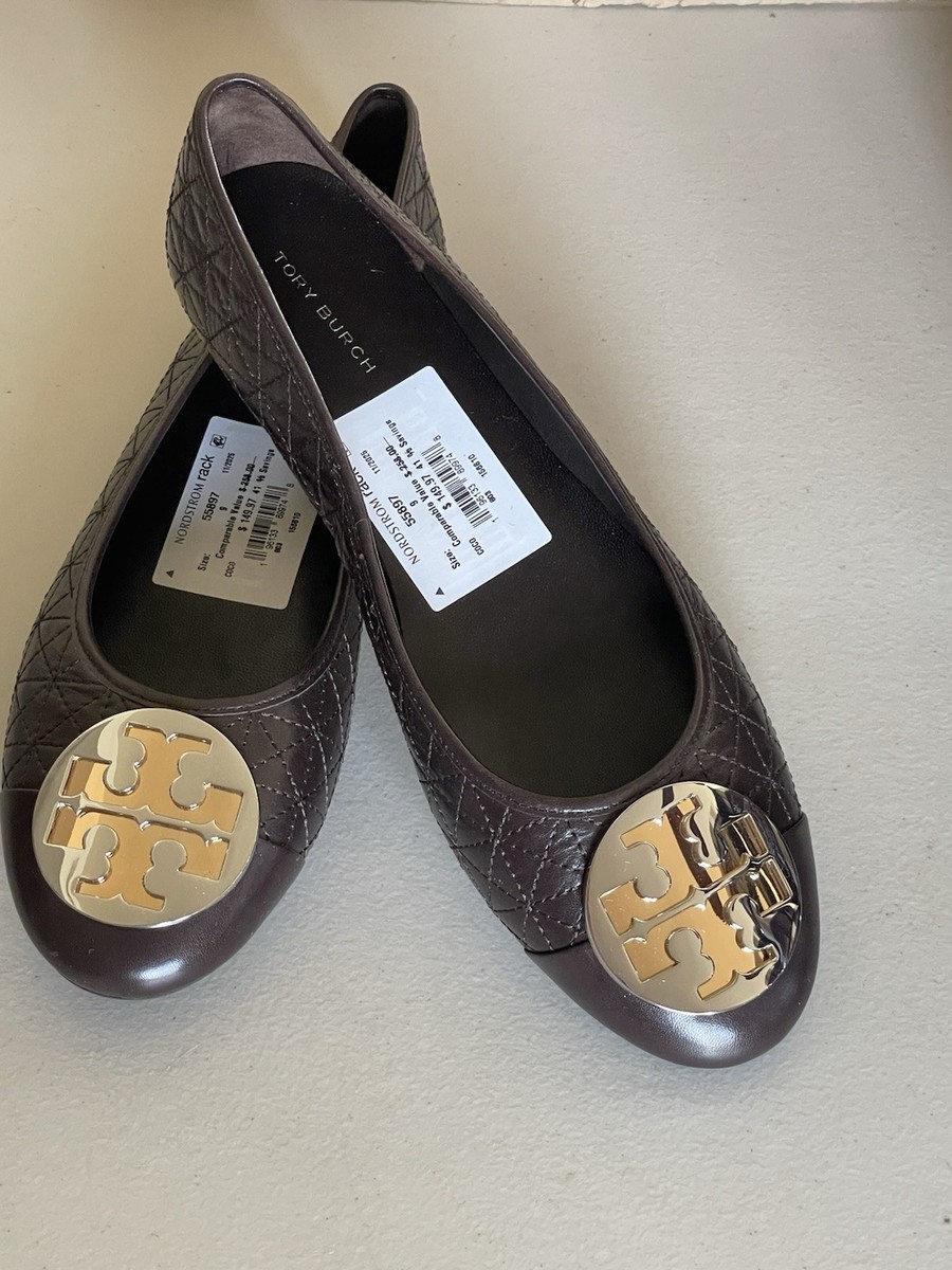 ｍ－ TORY BURCH CLAIRE QUILTED LEATHER CAP TOE BALLET FLAT GOLD TONE