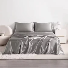 Cooling 3-4-piece satin sheet set. Breathable, flat sheets with pillowcases.
