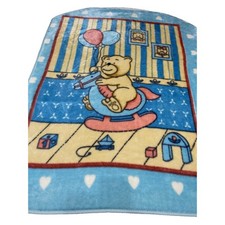 Baby Blanket Plush Bear Rocking Horse Hearts Blue Brown White Red Vtg