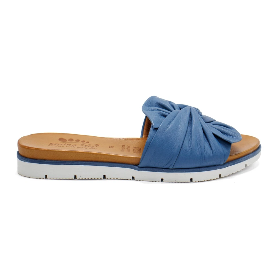 Women Spring Step Lavona Blue Leather Slide Sandal with Bow - Image 2 of 4