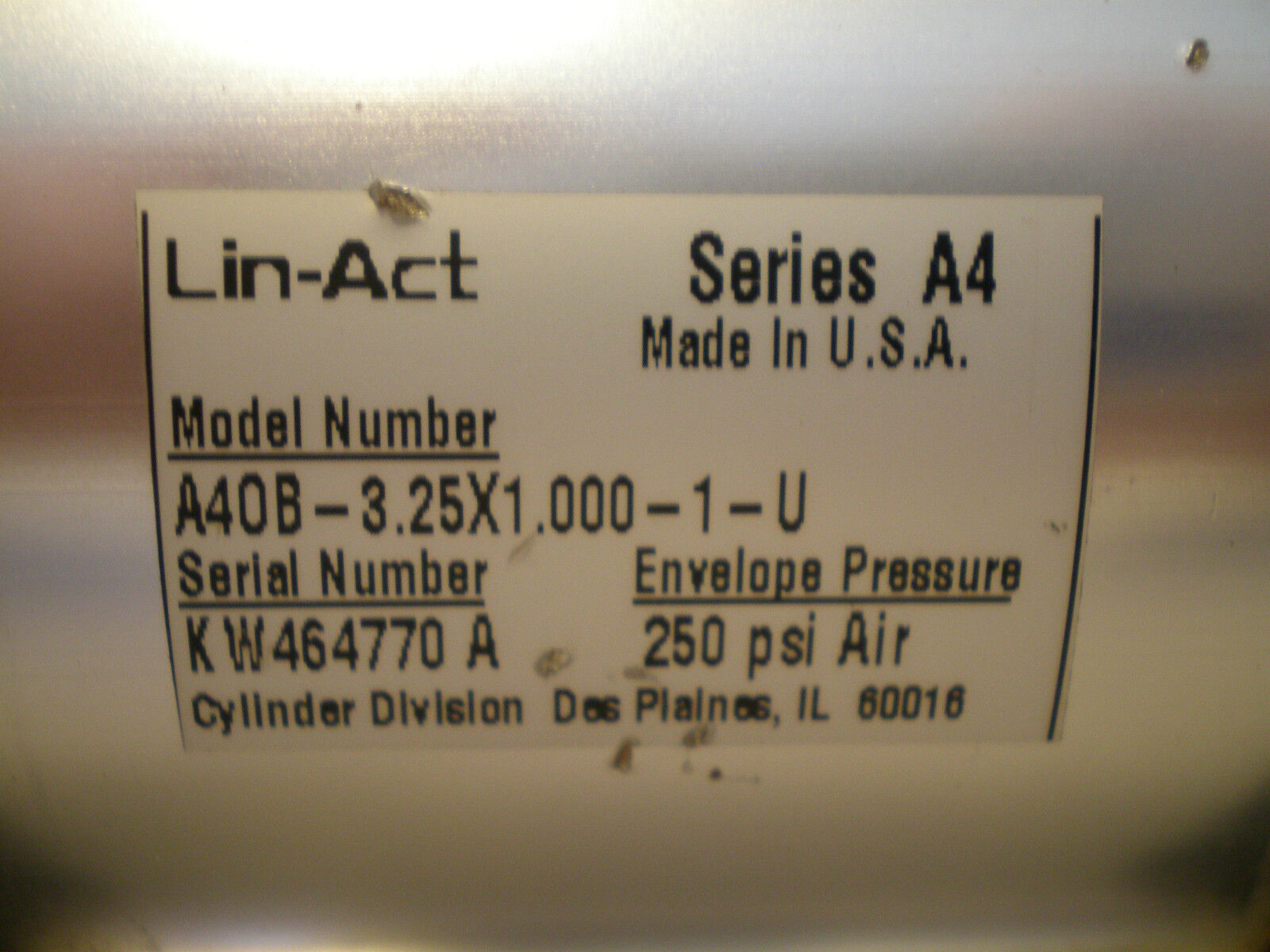 Lin-Act A40B-3.25X1.000-1-U Pneumatic Cylinder 3.25" Bore, 1" Stroke, 1.375" Sft