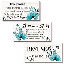 3 Pieces Teal Bathroom Decor Bathroom Rules Wall Art Turquoise Flower Bathroo...