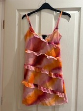 PrettyLittleThing Pink watercolour print asymmetric frill  dress size 8