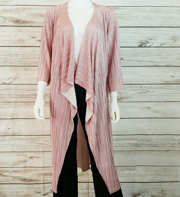 LuLaRoe Womens Duster Midi Cardigan Sz M Dusty Rose Striped Ribbed 3/4  Sleeve