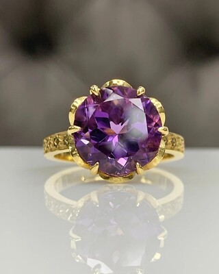 3CT Round Cut Simulated Purple Amethyst Women Flower Ring 14K Yellow Gold Finish