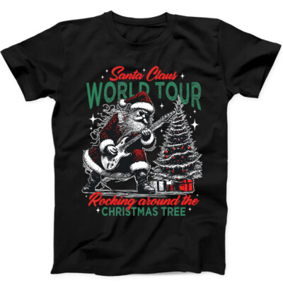 Lustiges schwarzes T-Shirt Weihnachten Weihnachtsmann spielt Gitarre Welttournee 258