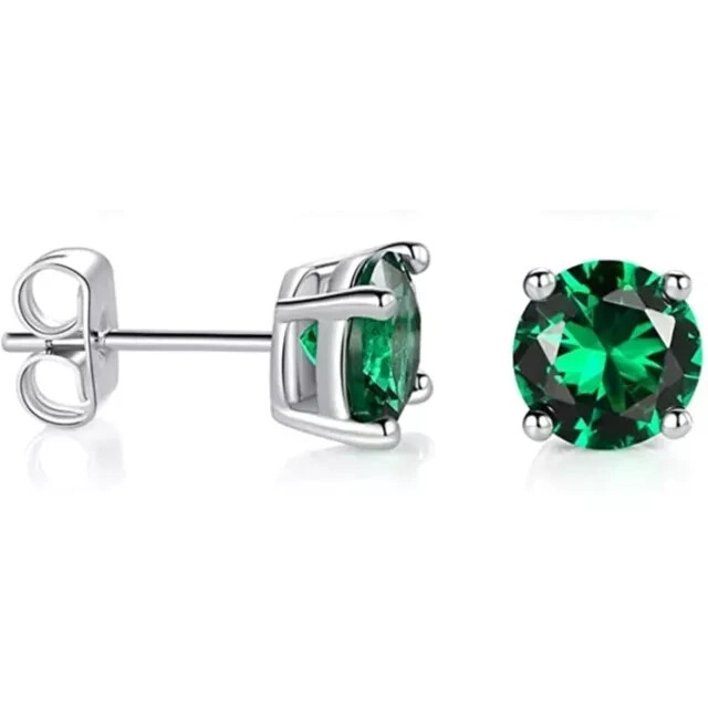 Round Cut Simulated Emerald Women's Christmas Stud Earrings in 14K White Gold Plated for a Festive Touch
