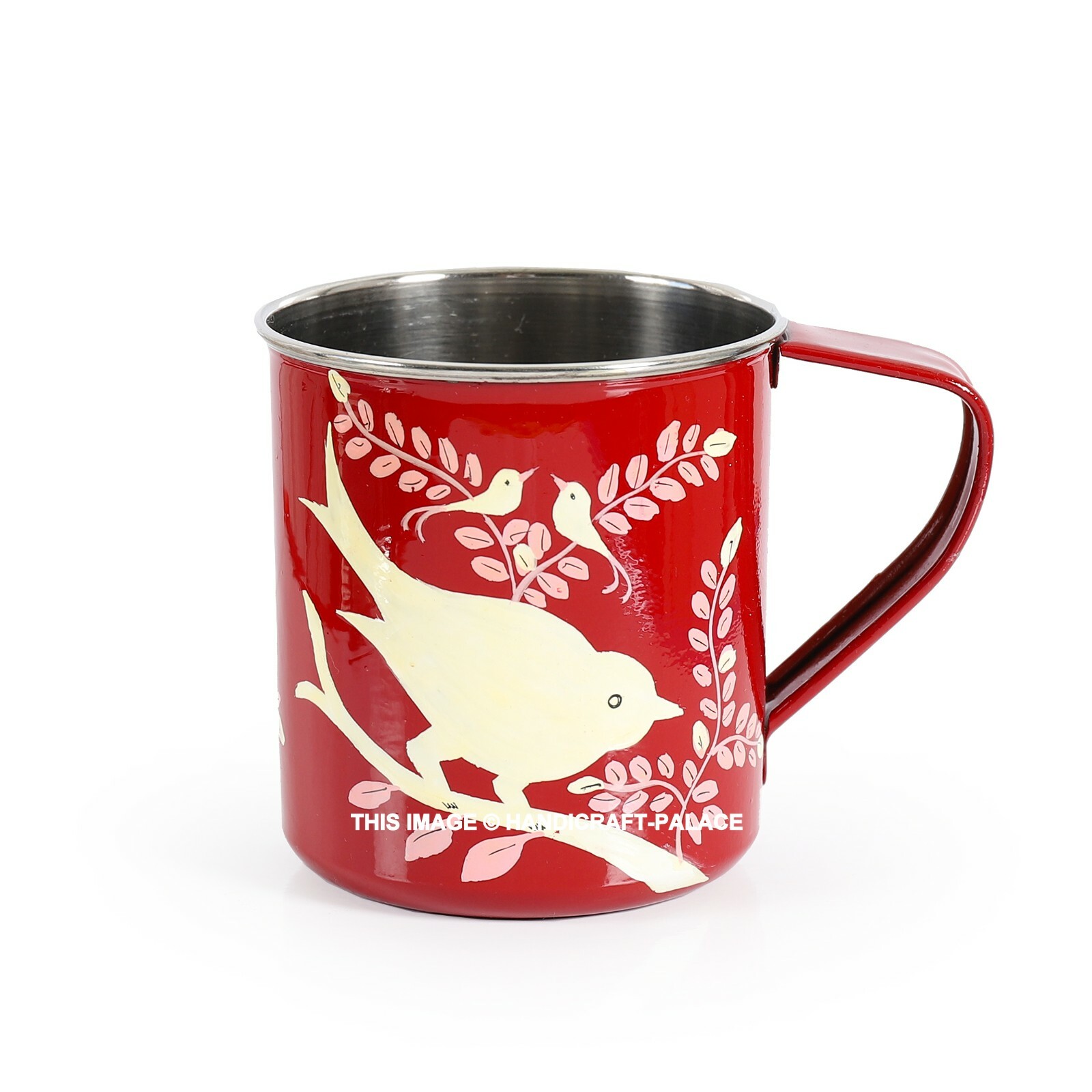 Camping Taza de Café Mano Pájaro Pintado Acero Inoxidable Vaso Mango Lavable