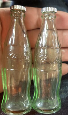 Coca Cola Embossed Mini Green Glass Bottle Retro Salt Pepper Shakers Metal Tops