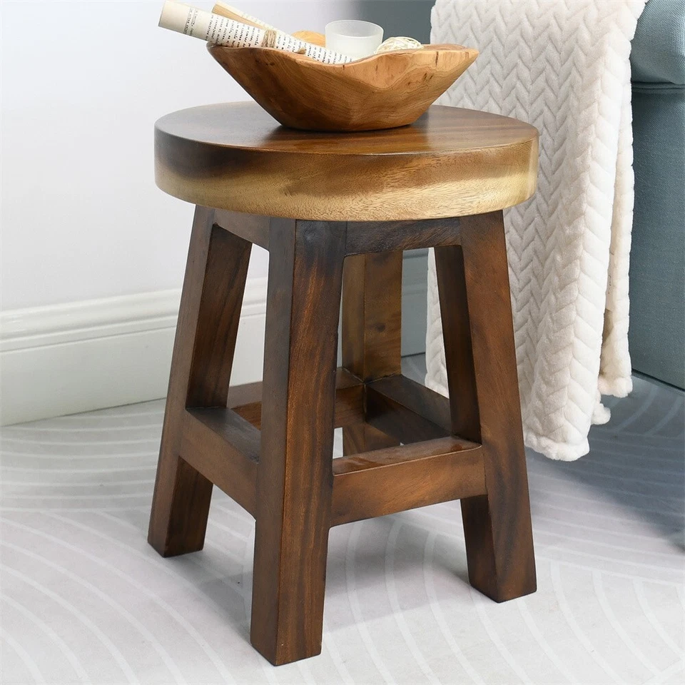 Greenage Small Rustic Solid Wooden Stool Round Side Table Bedside Table 18" H - Image 2 of 4