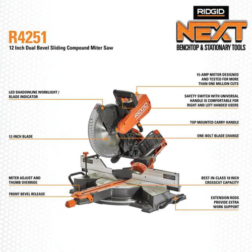RIDGID 15 Amp 10 Corded Dual Bevel Miter Saw With LED Cut Line