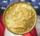 1906 $5 Five Dollar Liberty Head Half Eagle Gold Plated Novelty Coin Restrike