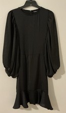 Boohoo Sz.6 Black Dress Polyester Pouf Sleeves Ruffled Hemline Knee Length