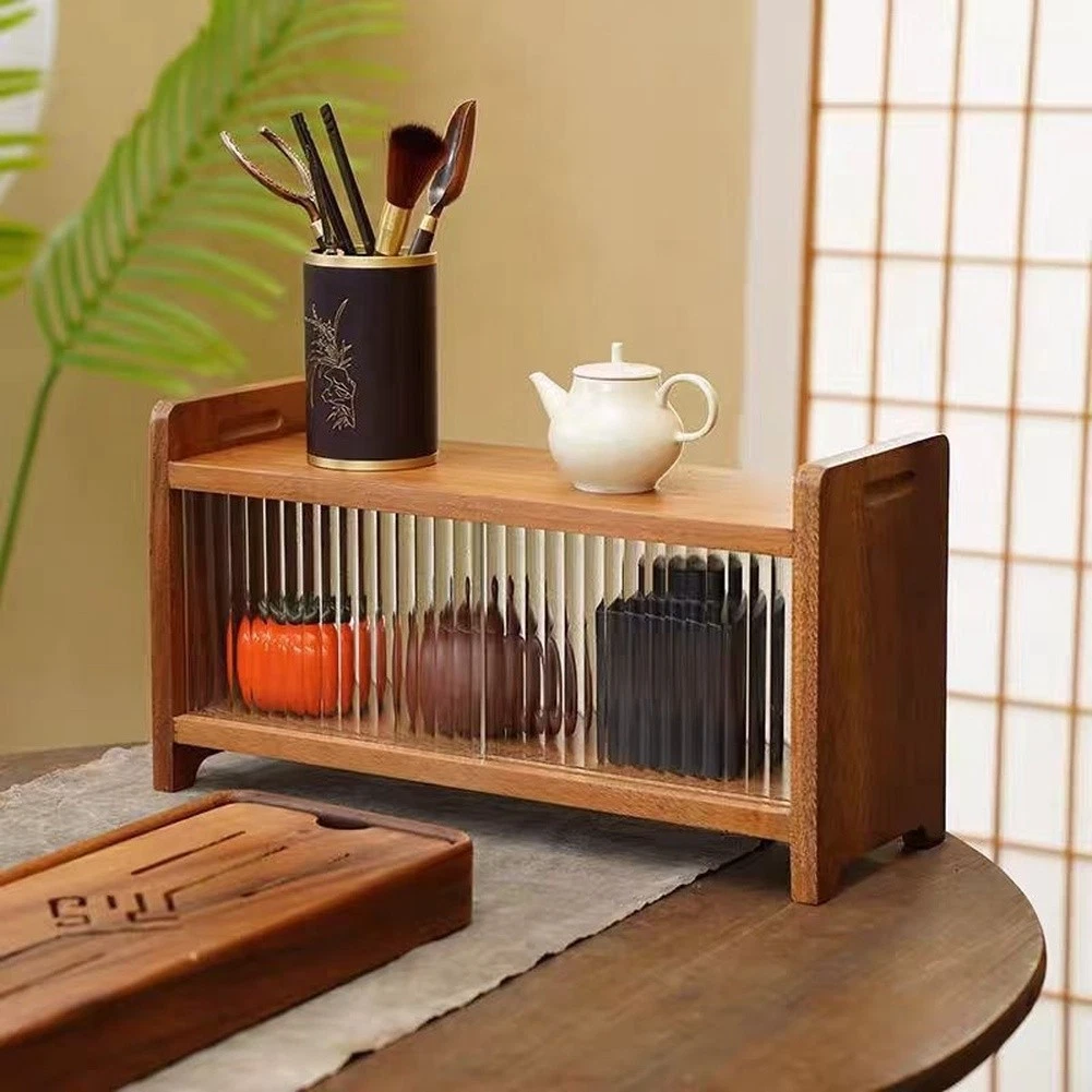 Wooden Tea Cup Holder Walnut Colour with Sliding Door for RAINBOW Glass