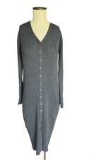 SAKS Fifth Avenue Ribbed Knit Charcoal Gray Button Front Midi Sweater Dress Sz S