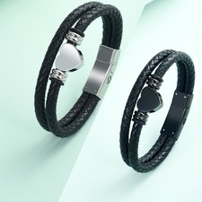 Funeral Heart Double Layer Braided Leather Cremation Jewelry For Ashes Bracelets