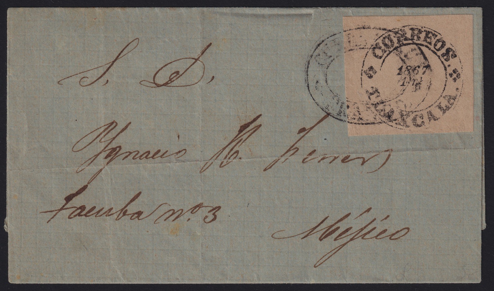 MEXICO ~1867, TLAXCALA PROVISIONAL ISSUE - 1r - USED ON COVER TO MEXICO