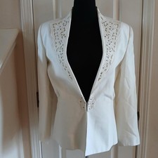 VTG 80s Nolan Miller Linen Bld Blazer Shoulder Pad Beaded Faux Pearl Rhinestone