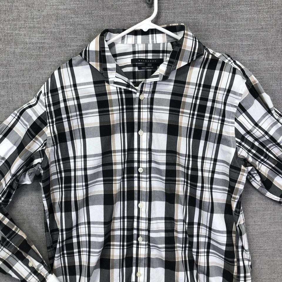 Sean John Shirt Mens 16 34/35 Black Gray White Plaid Button Down Tailored Fit - Image 3 of 4