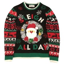 Womens Black Santa Claus Sleigh Christmas Holiday Sweater