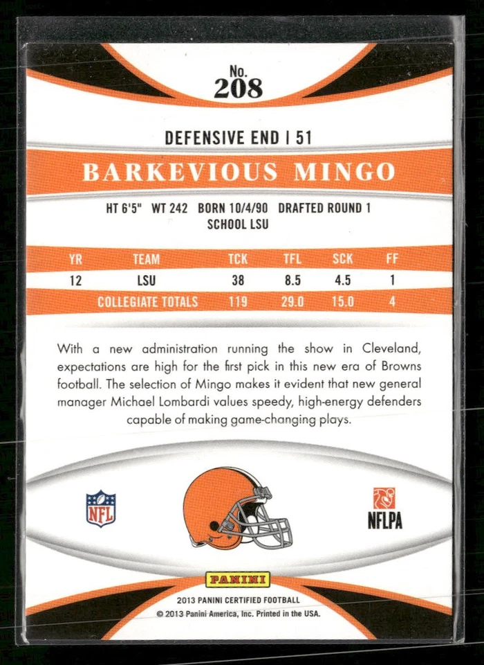 2013 Panini Certified #208 Barkevious Mingo #/999 Rookie - Image 2 of 2