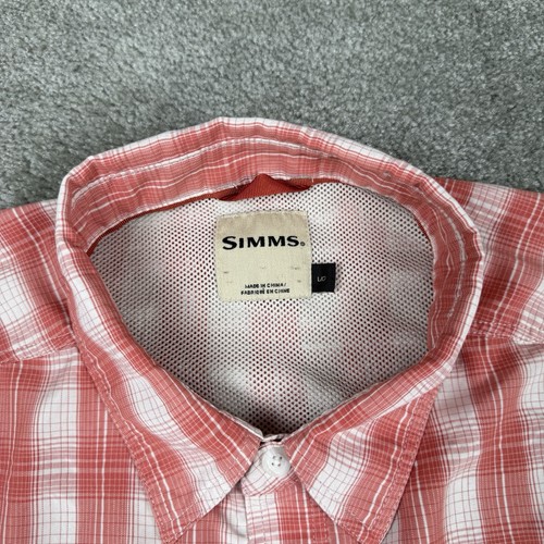 Simms Fishing Shirt Mens Large Pink Salmon Plaid Pearl Snap Western Vented S/S - Picture 3 of 11