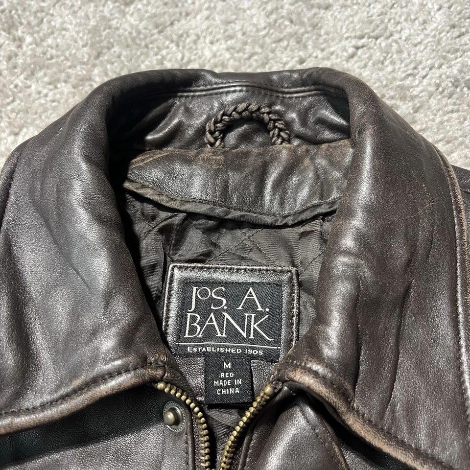 Vintage Jos A Bank Leather Bomber Full Zip Mens Medium Brown Soft Classic Y2K - Image 3 of 4