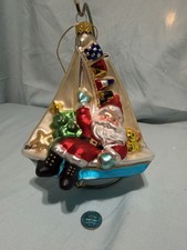 Kurt S. Adler Christmas Large Santa Sailboat Blown Glass Ornament Glitter Poland