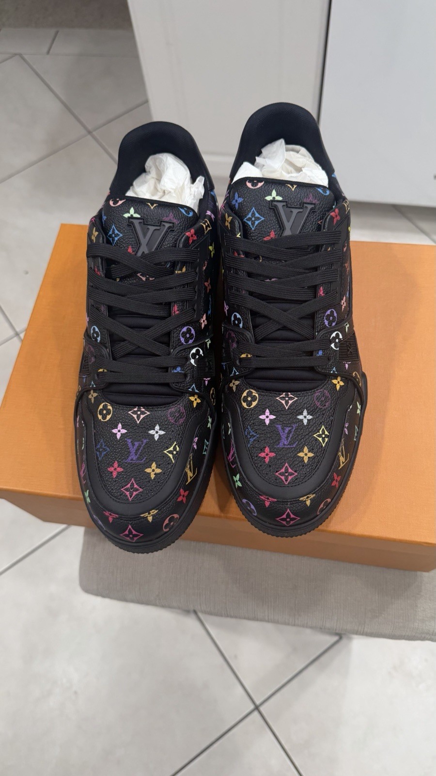 Authentic Louis Vuitton LV Trainer Black Multicolor Monogram Sneakers Size LV 9