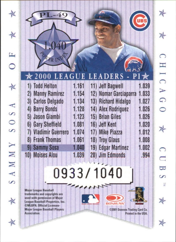 2001 Donruss Production Line #PL49 Sammy Sosa PI/1040 - BB - Image 2 of 2