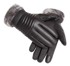 Women PU Gloves Faux Fur Trim Fleece Lined Thicken Thermal Riding Driving Winter