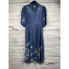Johnny Was Workshop Dress Women's SZ S Blue Denim Embroidered Button Front Midi