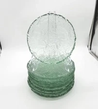 RARE 8pc Recycled Green Glass Dessert Plate Handmade Spain Grape Leaf Floral