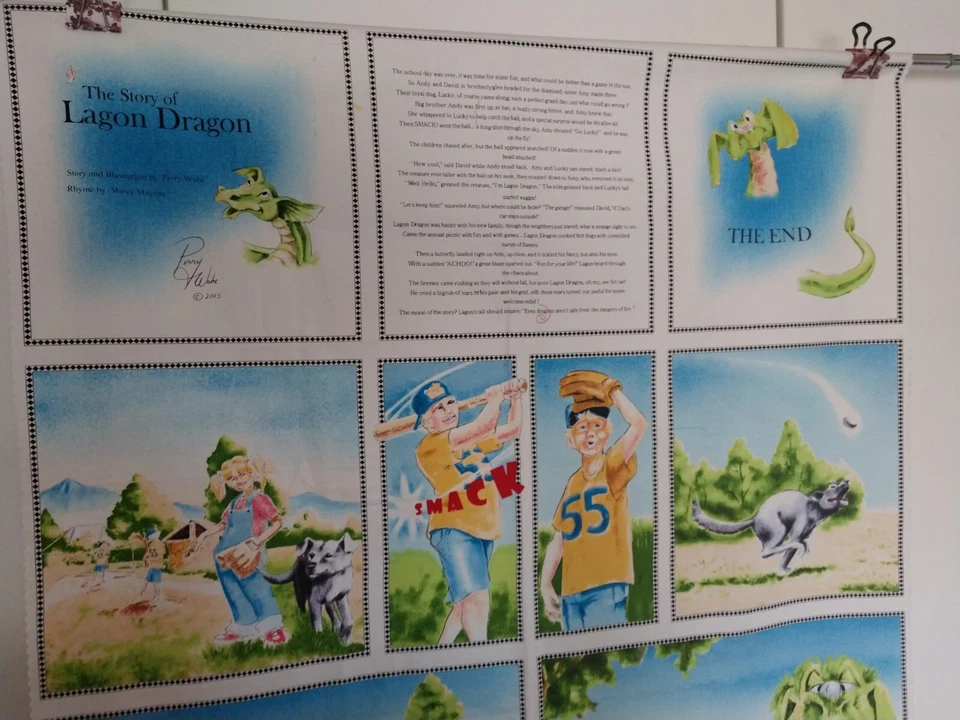 The Story of Lagon Dragon Fabric Panel book quilt Peter Wahe poem 100% Cotton - Image 2 of 4