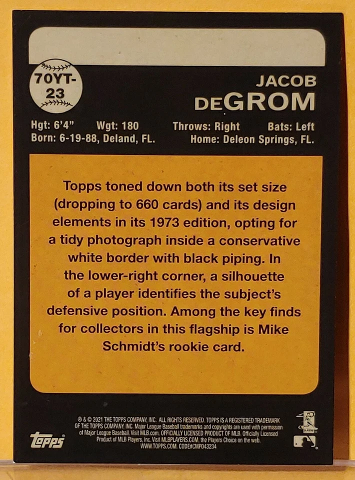 Jacob deGrom Topps 2021 Series 1 70 Years Of Topps #70YT-23 New York Mets - Image 2 of 2