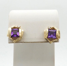 14k Gold Amethyst Diamond Stud Earrings Princess Cut February Birthstone