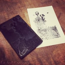 RARE. 1940s SIGNED PRINTING BLOCK THE CAT AND THE BIRDHOUSE. R.LANDRY. LARGE!!!