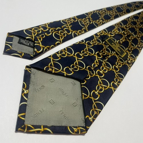 Fendi Tie Cravatte Navy Gold Chain Link Print Italy Classic Silk Necktie - 58L - Picture 11 of 14