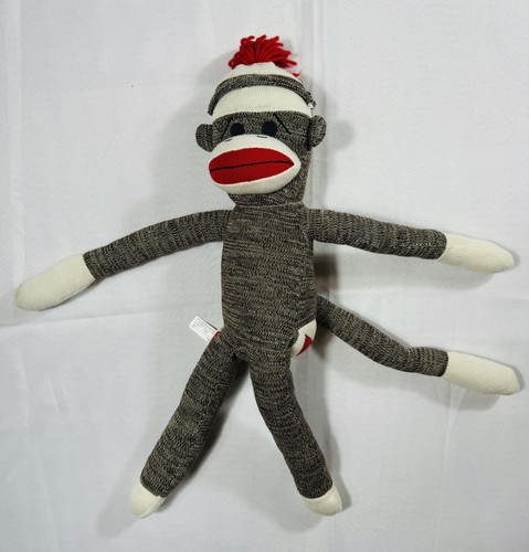 Schylling Sock Monkey Plush 22" Brown White 2009 Pom Pom Hat Red Bottom Toy - Picture 5 of 7