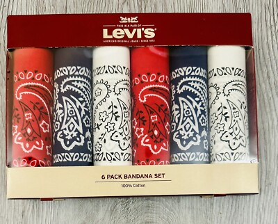 NEW! Levi's 6 Pack 100% Cotton Bandana Gift Set Red/Blue/White Unisex Paisley