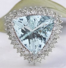 Estate 17.22 Carats NATURAL AQUAMARINE and DIAMOND 14K Solid White Gold Ring